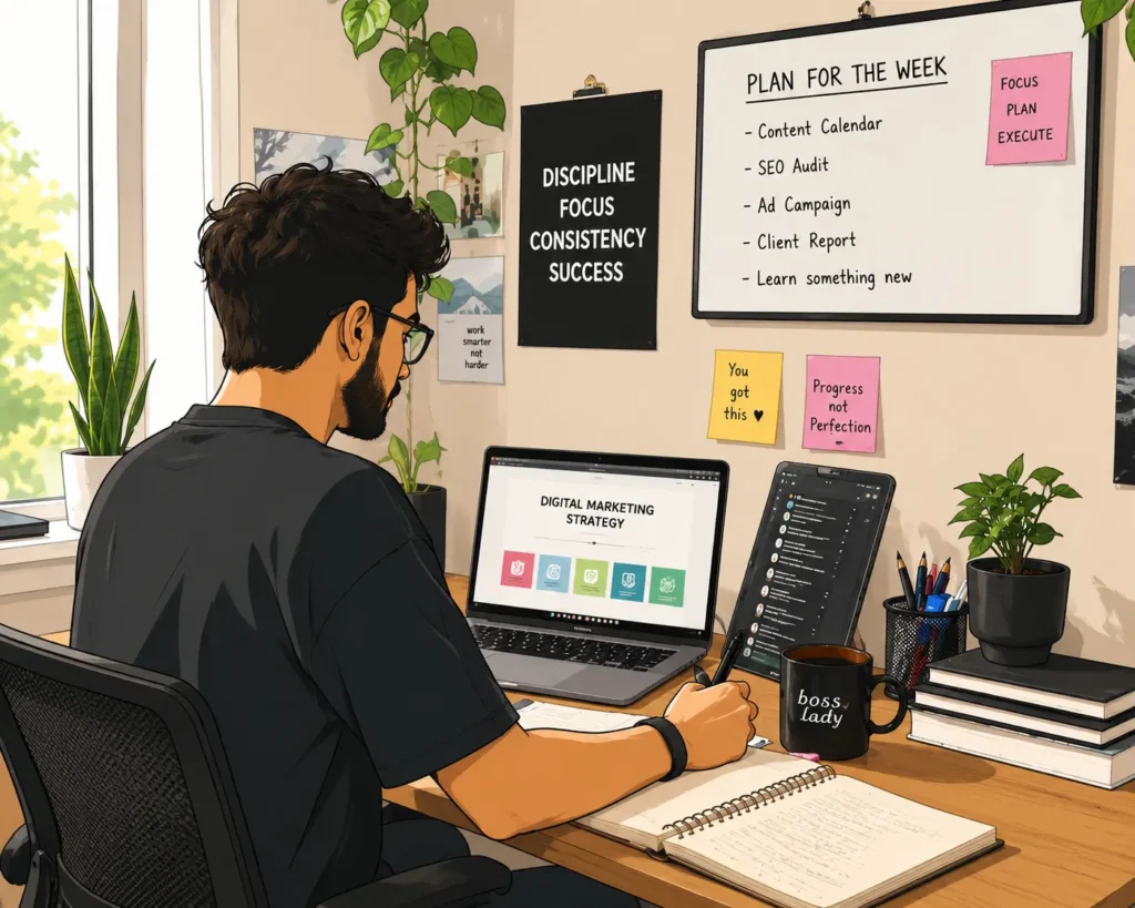 Illustration of a freelance digital marketer working at a modern home office desk with a laptop, tablet, notebook, plants, and digital marketing strategy tools in a bright and organized workspace.